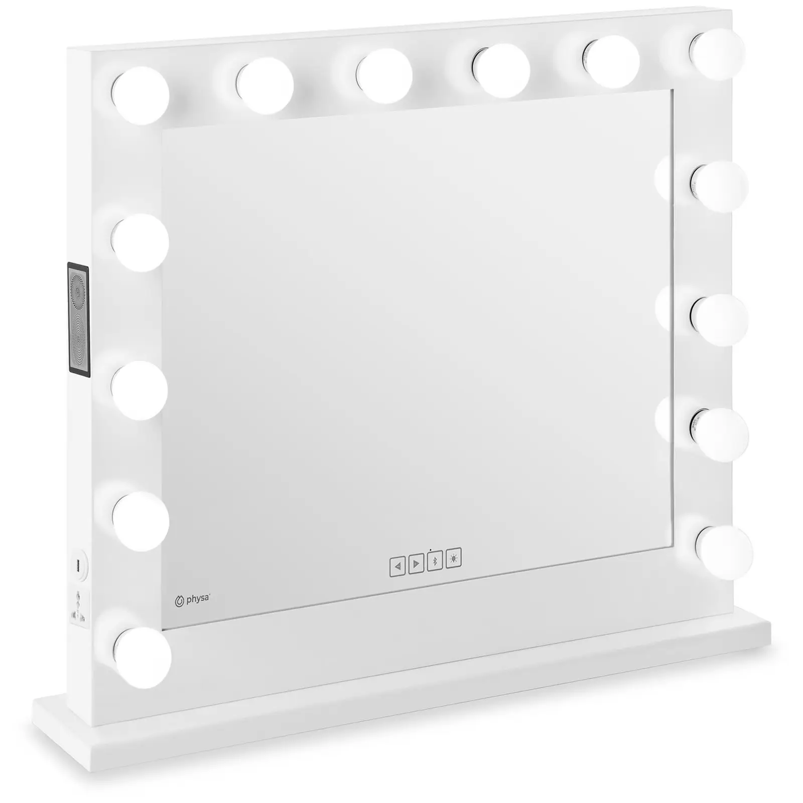 Makeupspejl med lys - hvidt - 14 LED - firkantet - højttaler