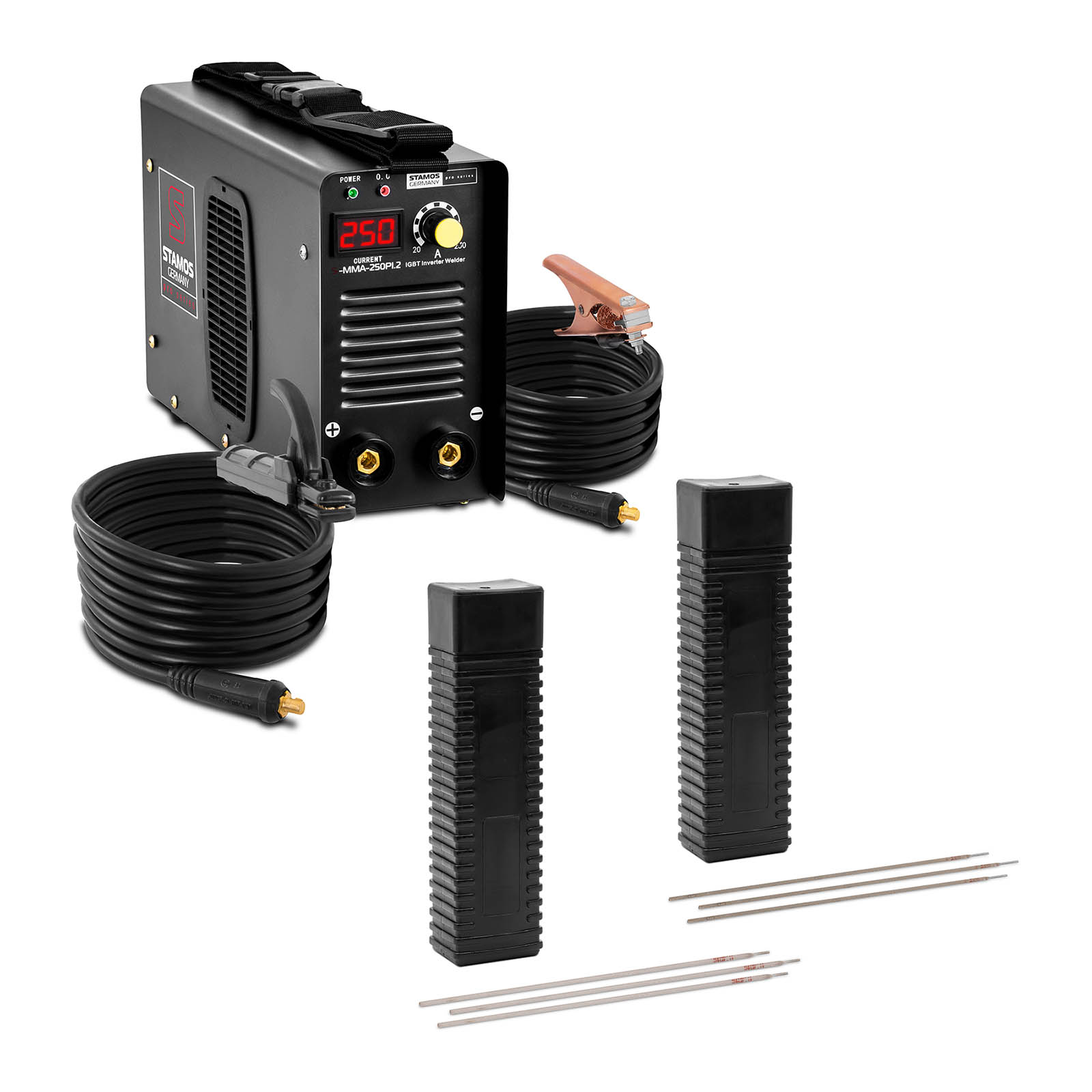 Svejssæt Elektrodesvejser - 250 A - 8 m kabel - 60 % arbejdscyklus - Elektroder - E6013 - Ø 2 x 300 mm - 5 kg & E316L-17 - 2,5 x 350 mm - 5 kg