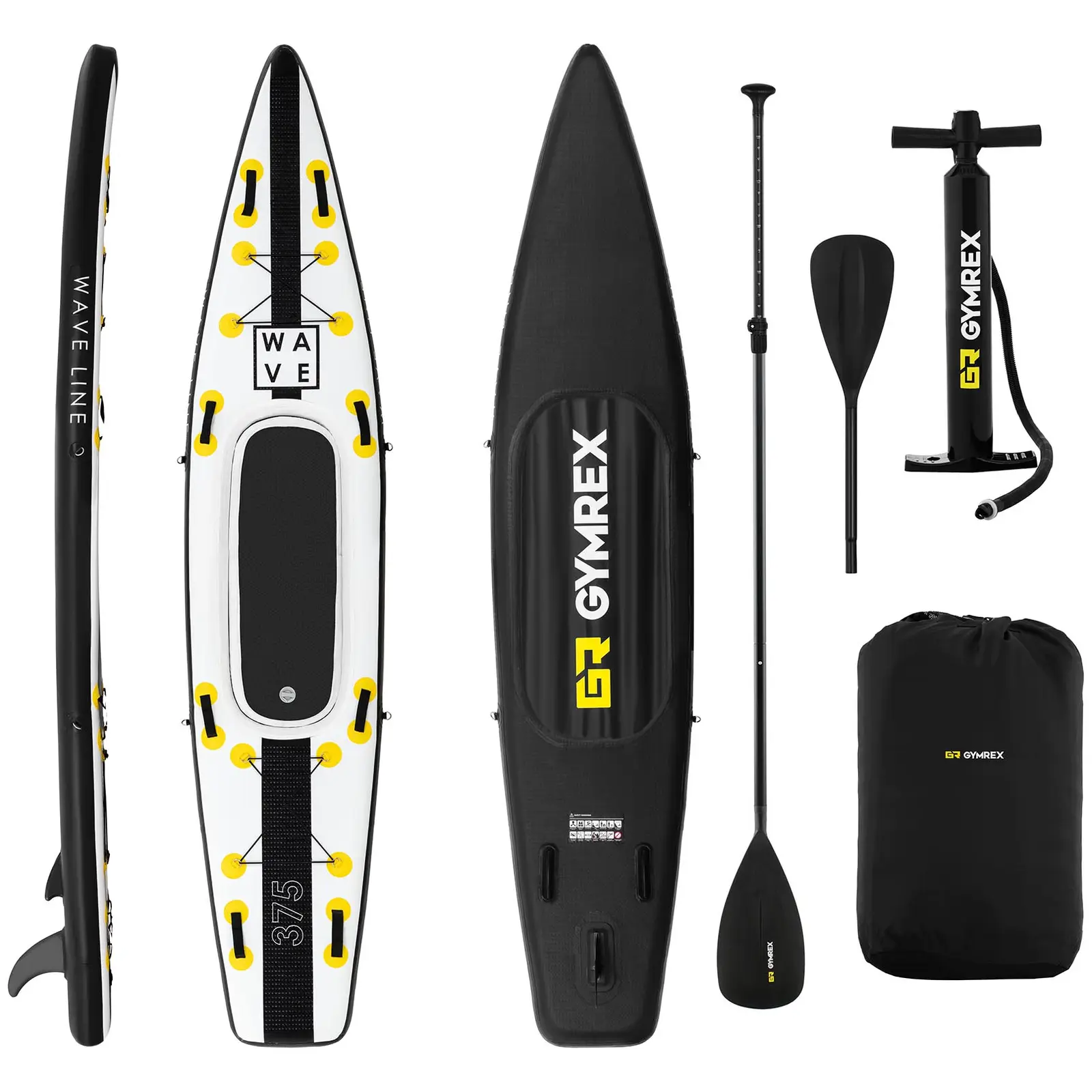 Paddle-board - 120 kg - sort/gul - sæt inkl. paddel, sæde og tilbehør