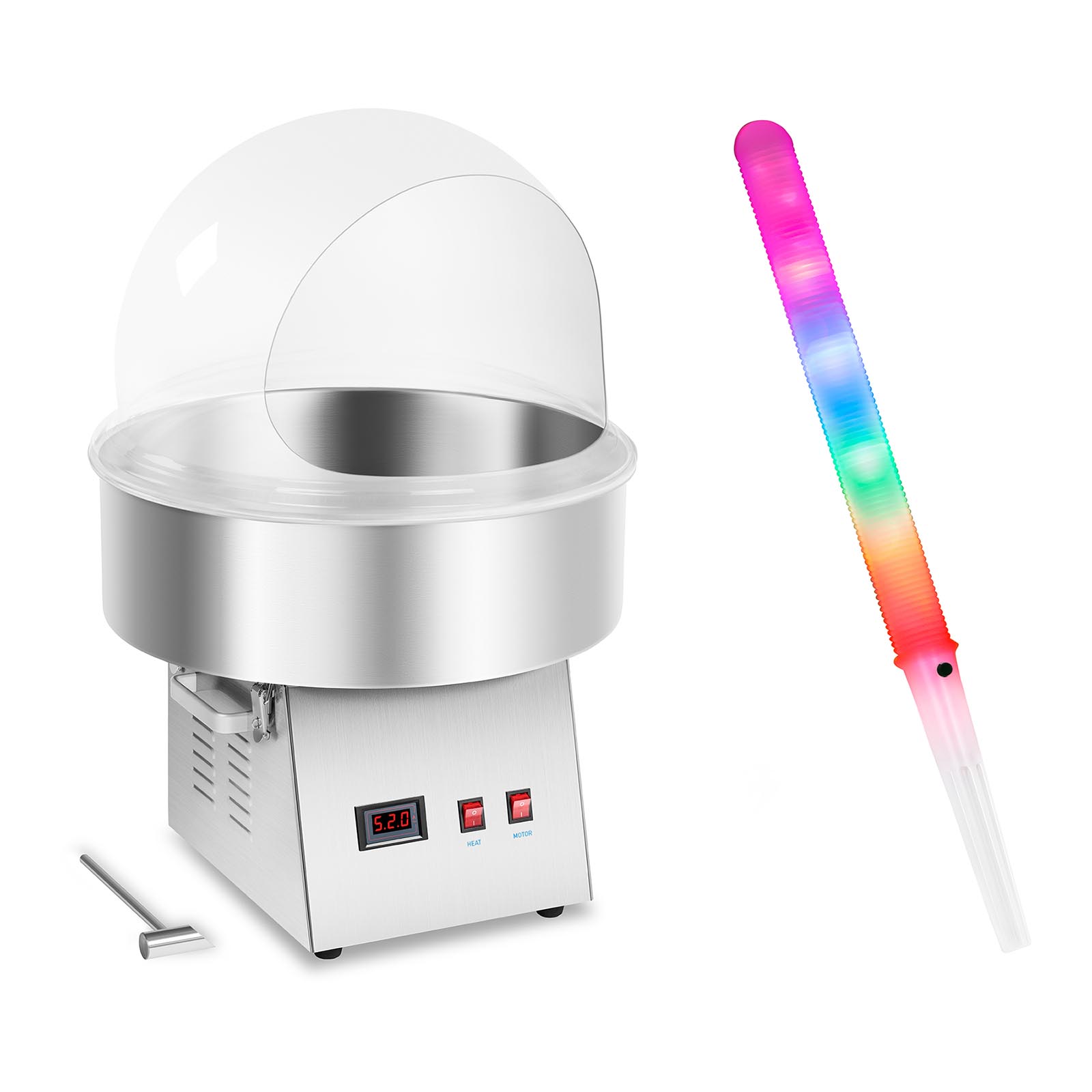 Candyfloss-maskine - sæt inkl. candyfloss-pinde LED og beskyttelseskuppel - 52 cm - 1.030 W