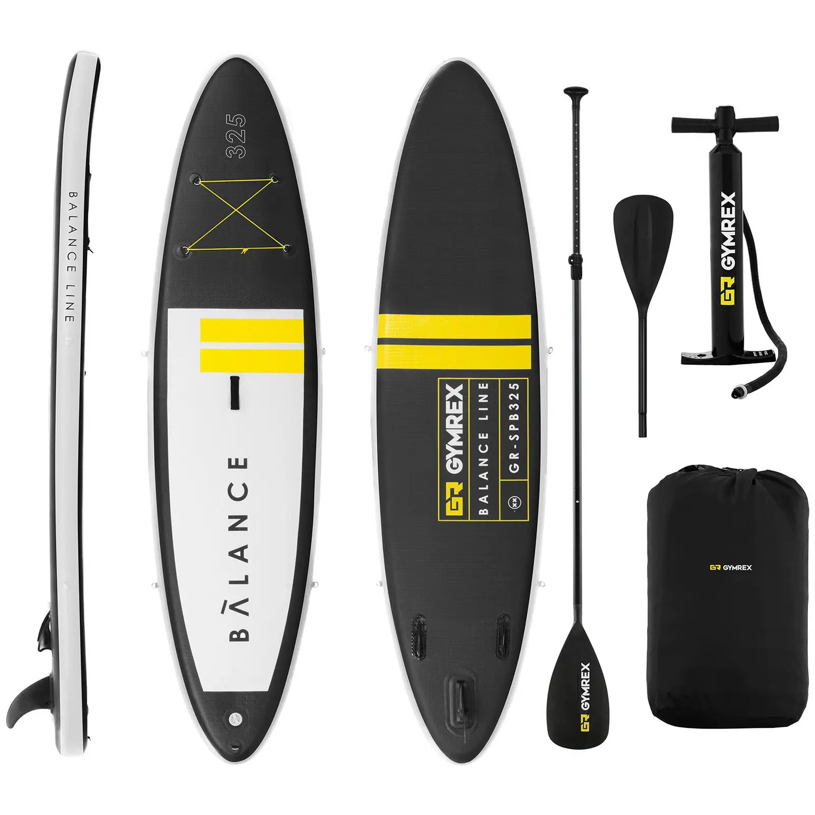 Paddle-board - 145 kg - sort/gul - sæt inkl. paddel og tilbehør