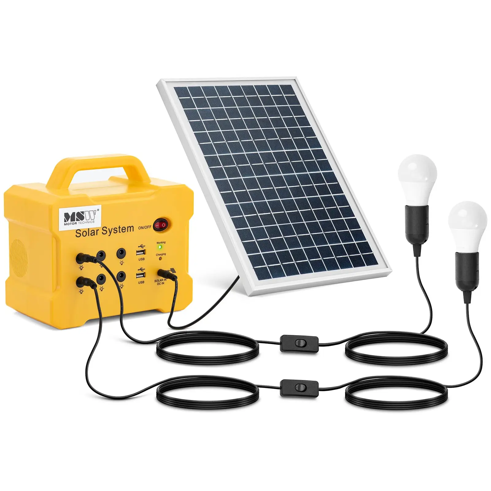 Powerstation med solceller og 2 LED-pærer - 10 W - 12 V